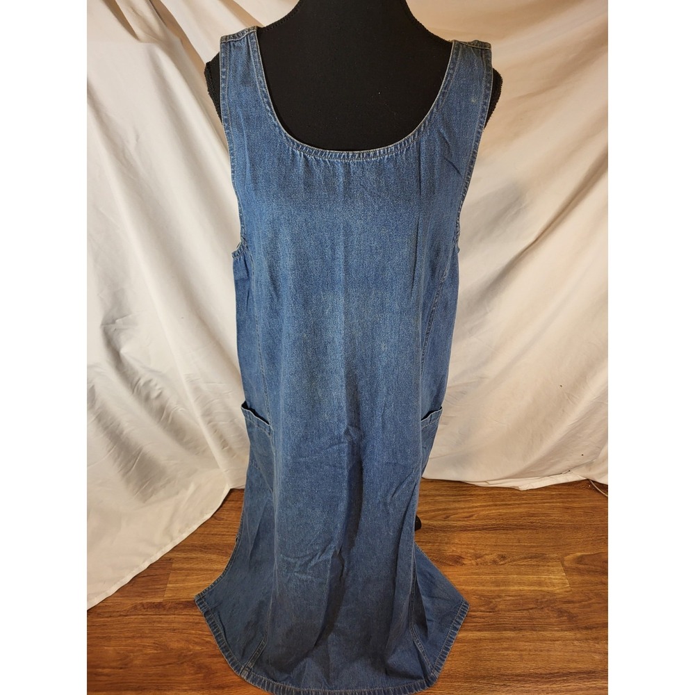 Erika & Co Vintage 90s Denim Dress PL Shift Cotton Midi Pockets Modest Overalls